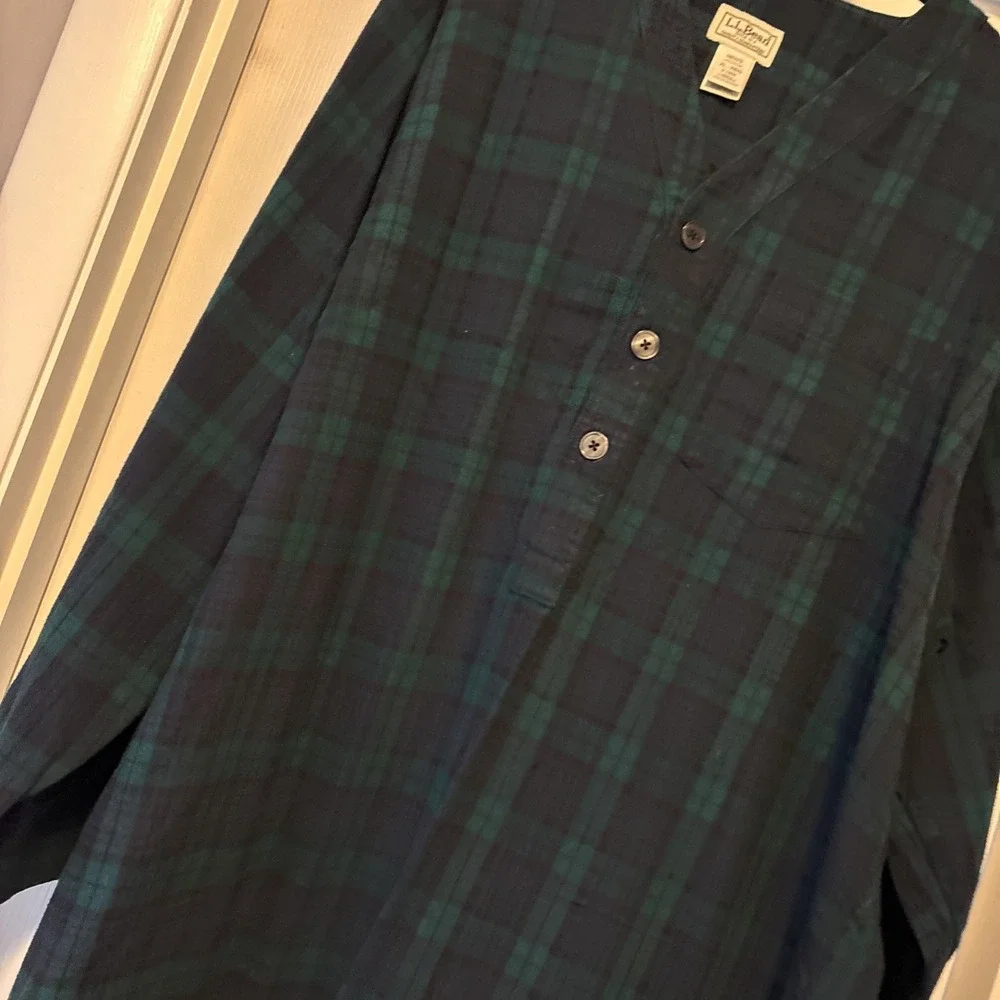 LL Bean Sleepshirt Mens XL Blue Green Tartan Flannel Long Sleeve Lounge Pajama